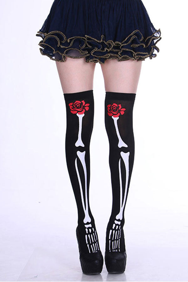 Skeleton And Rose Print Halloween Knee High Socks Dark Red