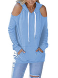 Cold Shoulder Solid Hoodies Tops with Pocket