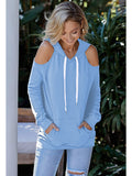 Cold Shoulder Solid Hoodies Tops with Pocket