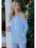 Cold Shoulder Solid Hoodies Tops with Pocket