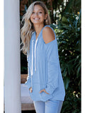 Cold Shoulder Solid Hoodies Tops with Pocket