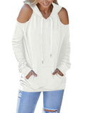 Cold Shoulder Solid Hoodies Tops with Pocket