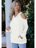 Cold Shoulder Solid Hoodies Tops with Pocket