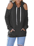 Cold Shoulder Solid Hoodies Tops with Pocket