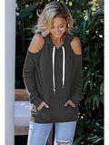 Cold Shoulder Solid Hoodies Tops with Pocket
