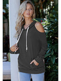 Cold Shoulder Solid Hoodies Tops with Pocket