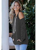 Cold Shoulder Solid Hoodies Tops with Pocket