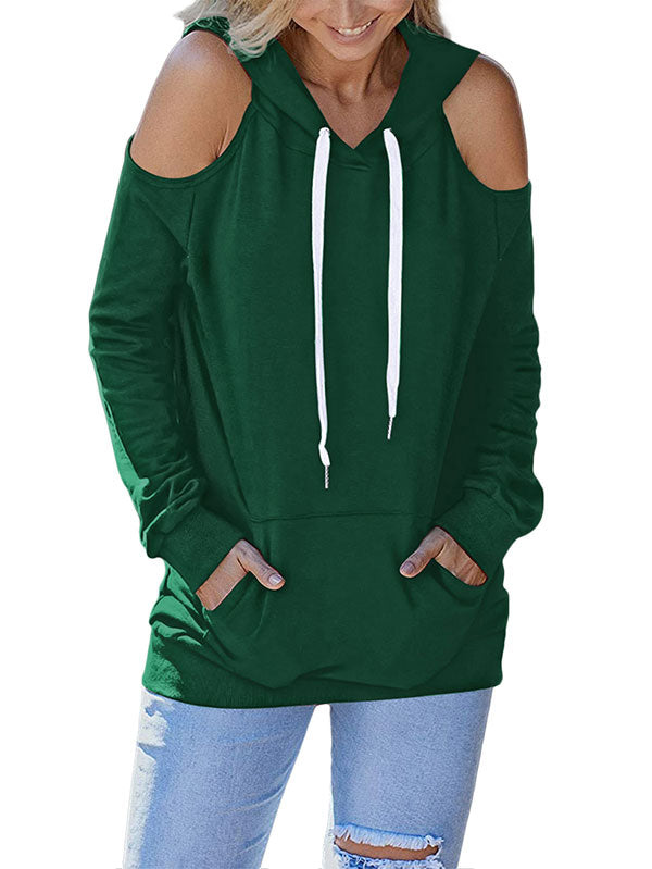 Cold Shoulder Solid Hoodies Tops with Pocket