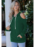 Cold Shoulder Solid Hoodies Tops with Pocket