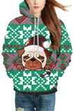 Womens Pug Print Ugly Christmas Hoodie