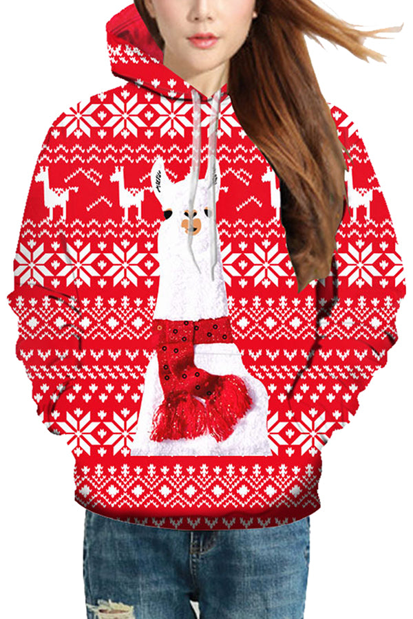 Drawstring Snowflake Christmas Alpaca Hoodie