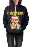 Long Sleeve Bear Print Christmas Hoodie Black