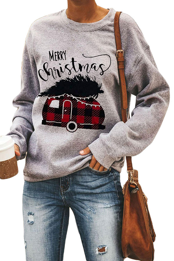 Merry Christmas Car Print Pullover Sweatshirt Grey