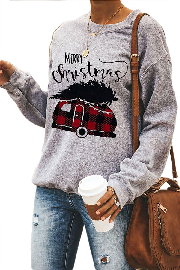 Merry Christmas Car Print Pullover Sweatshirt Grey