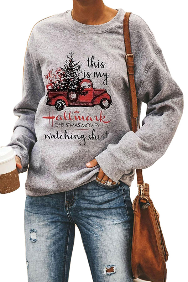 Christmas Truck Print Pullover Sweatshirt Gray