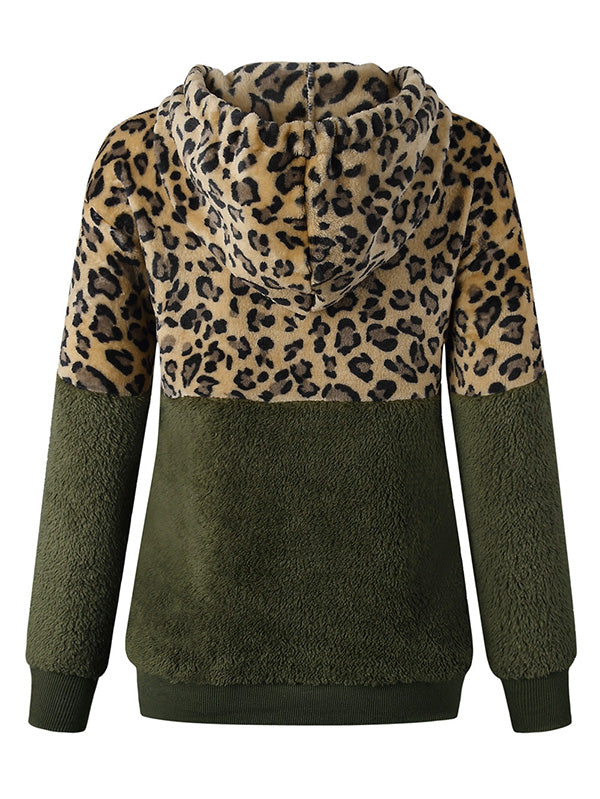 Womens Leopard Oversized Warm Fuzzy Hoodies Pullover Hooded Sweatshirt Outwear