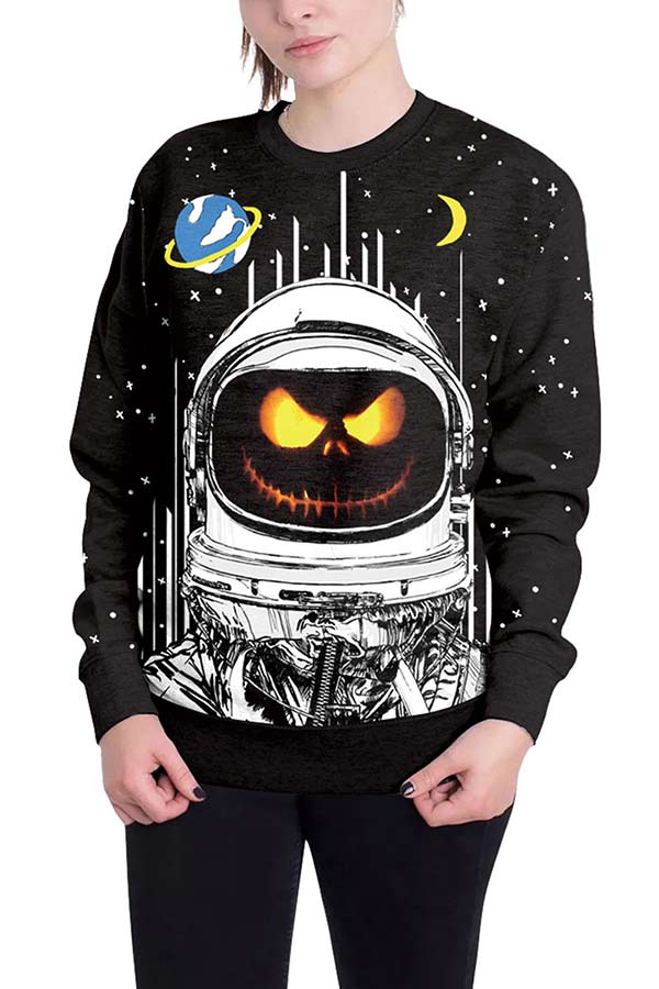 Pumpkin Astronaut Print Loose Halloween Sweatshirt Black