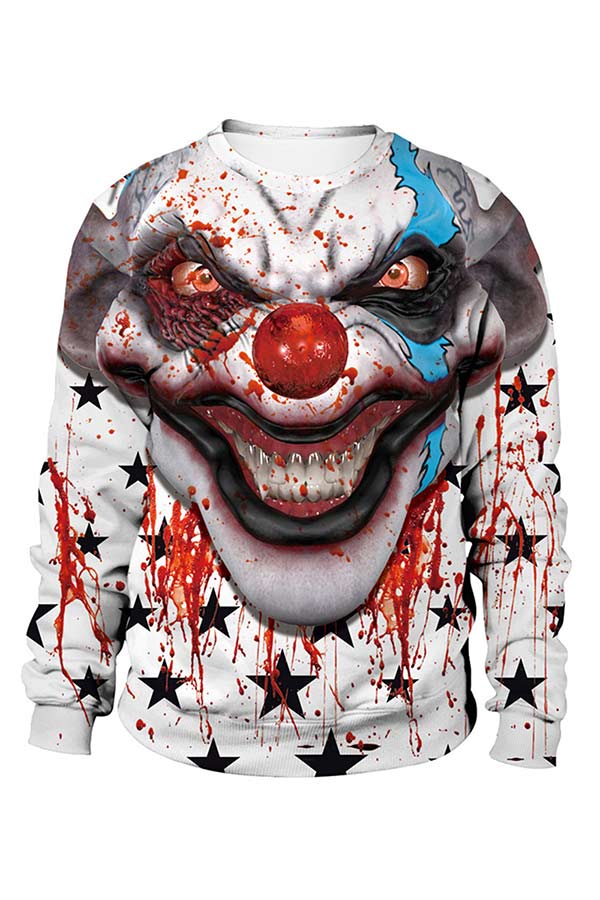 Bloody Clown Print Pullover Sweatshirt For Halloween Light Grey