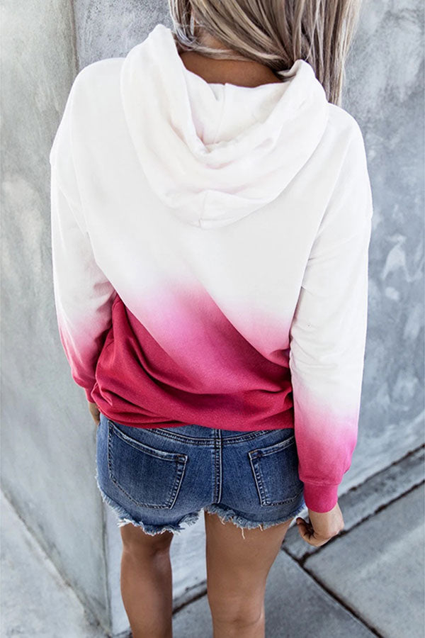 Casual Long Sleeve Ombre Hoodie Rose Red