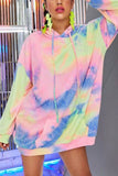 Tie Dye Long Sleeve Drawstring Neck Pocket Tunic Hoodie Pink