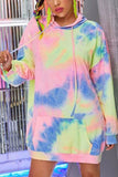 Tie Dye Long Sleeve Drawstring Neck Pocket Tunic Hoodie Pink