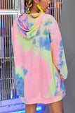 Tie Dye Long Sleeve Drawstring Neck Pocket Tunic Hoodie Pink