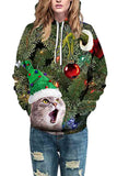 Unisex Cat Christmas Tree Print Long Sleeve Pullover Hoodie Olive