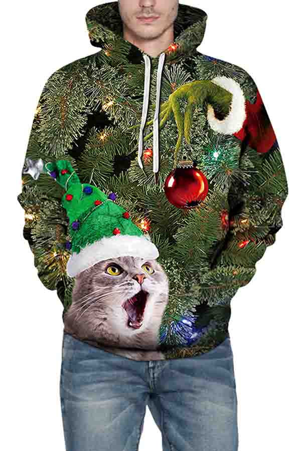 Unisex Cat Christmas Tree Print Long Sleeve Pullover Hoodie Olive