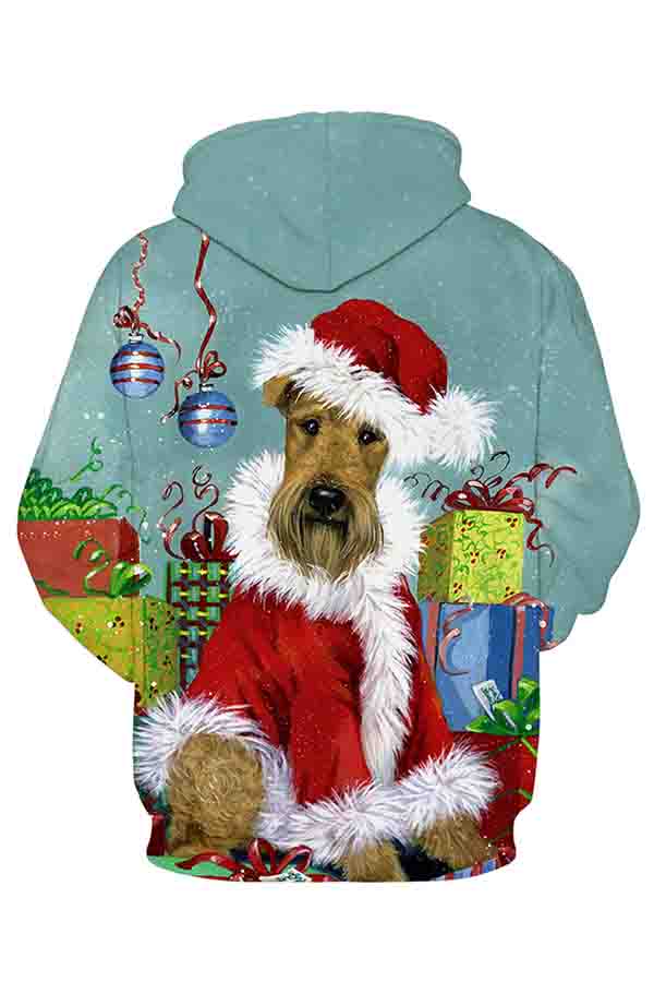 Christmas Dog Print Long Sleeve Pullover Hoodie Camel
