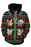 Long Sleeve Christmas Cat Print Pullover Hoodie Olive Green
