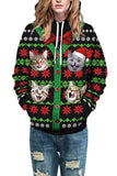 Long Sleeve Christmas Cat Print Pullover Hoodie Olive Green
