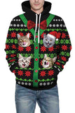 Long Sleeve Christmas Cat Print Pullover Hoodie Olive Green