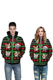 Long Sleeve Christmas Cat Print Pullover Hoodie Olive Green