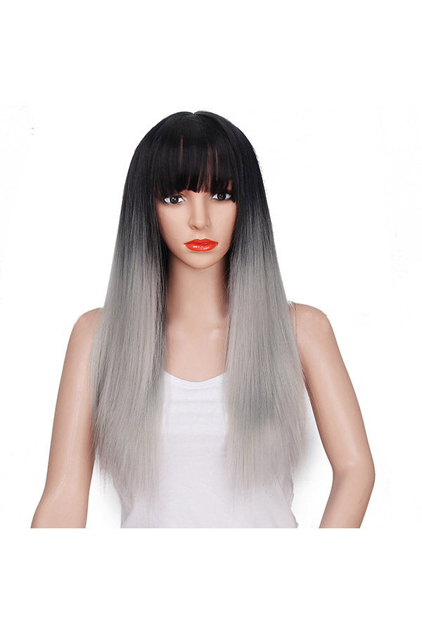 Natural Look With Bangs Gradient Long Straight Wigs Gray