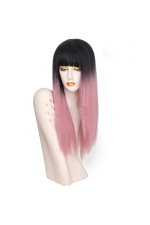 Natural Look With Bangs Gradient Long Straight Wigs Pink