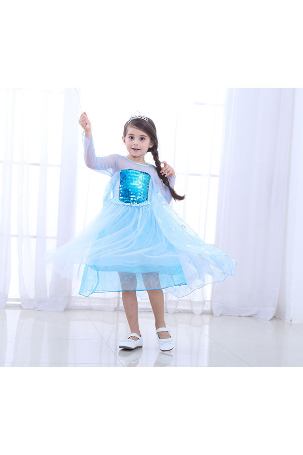Halloween Long Sleeve Sweet Midi Dress Girl Frozen Elsa Costume Blue