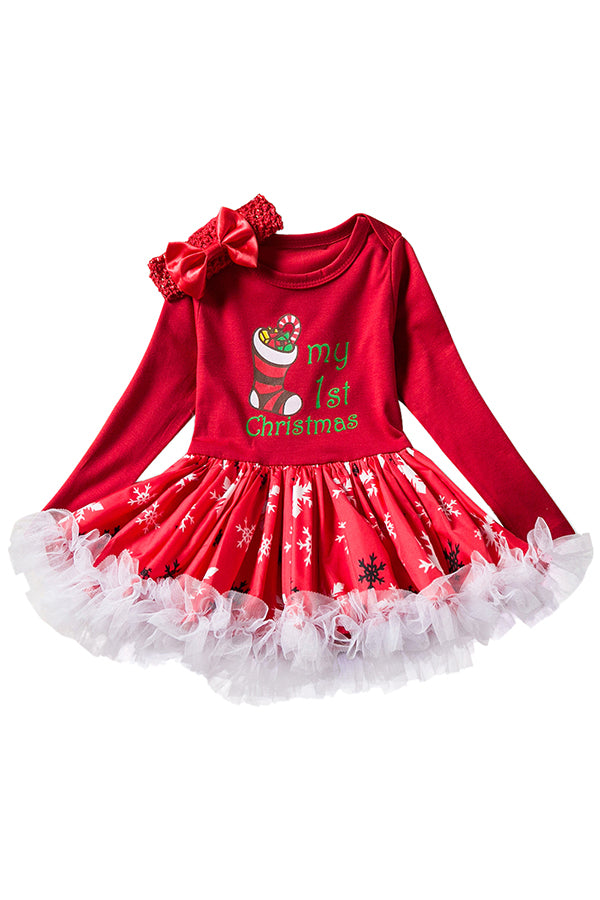 Long Sleeve Bowknot Stocking Snowflake Print Kids Christmas Dress Red