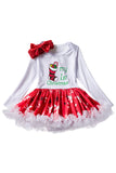 Long Sleeve Bowknot Stocking Snowflake Print Kids Christmas Dress White