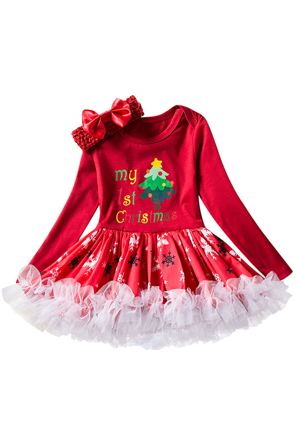 Long Sleeve Bowknot Christmas Tree Snowflake Print Kids Girls Dress Red