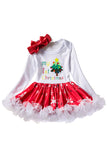 Long Sleeve Bowknot Christmas Tree Snowflake Print Kids Dress White