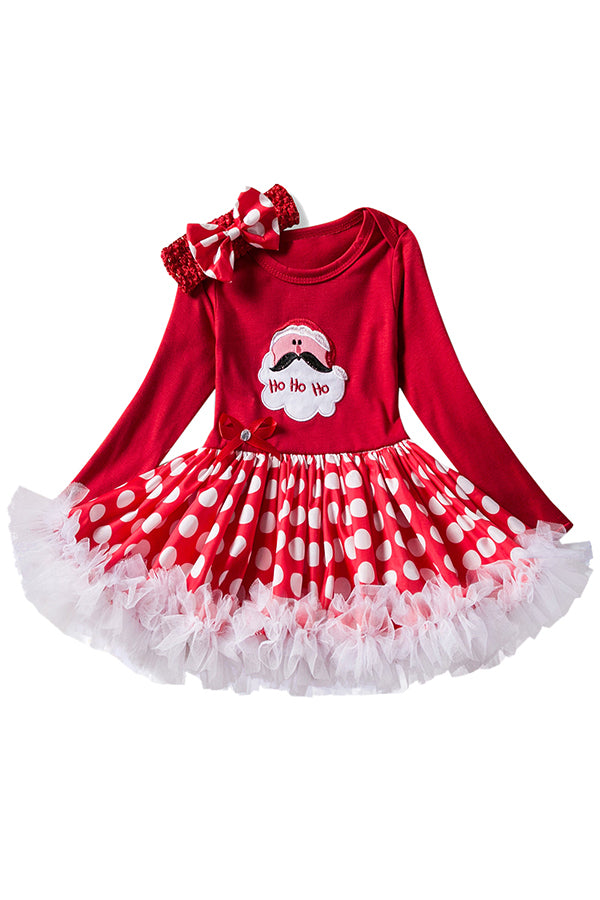 Cute Long Sleeve Bowknot Christmas Santa Print Kids Girls Dress Red