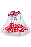 Long Sleeve Bowknot Christmas Santa Print Kids Girls Dress White
