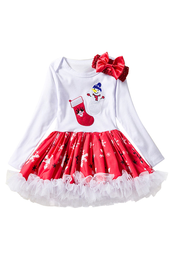 Long Sleeve Stocking Snowman Snowflake Print Kids Girls Christmas Dress