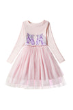 Fashion Long Sleeve Unicorn Print Mesh Dress For Kids Girls Light Pink