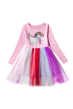 Fashion Sweet Long Sleeve Unicorn Print Mesh Dress For Kids Girls