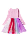 Fashion Sweet Long Sleeve Unicorn Print Mesh Dress For Kids Girls