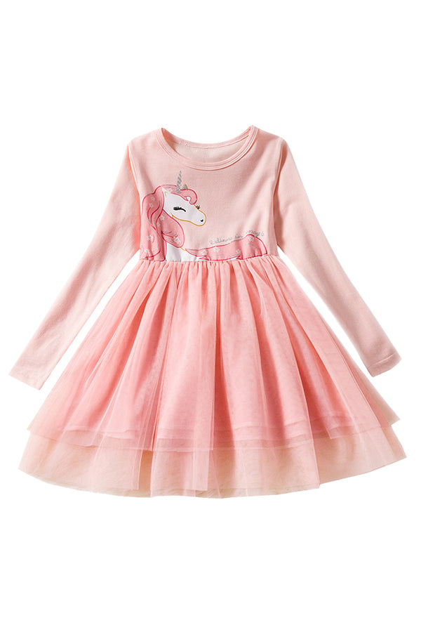 Fashion Sweet Long Sleeve Unicorn Print Mesh Dress For Kids Girls Pink