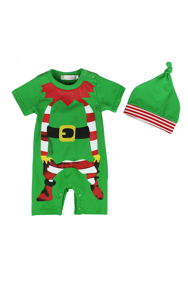 Cute Crew Neck Short Sleeve Infant Boys Christmas Santa Romper Green