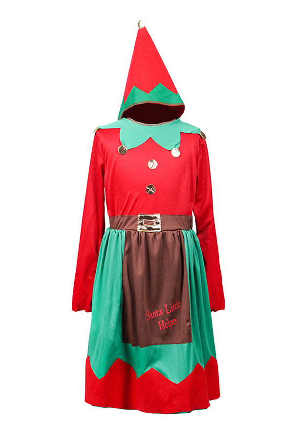 Long Sleeve Girls Christmas Santa Little Helper Elf Costume Dress Red