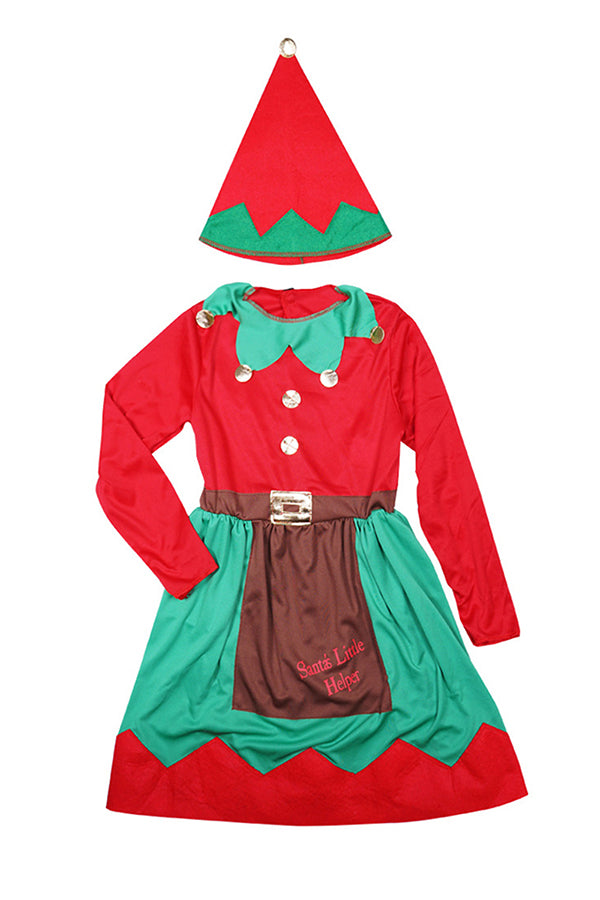 Long Sleeve Girls Christmas Santa Little Helper Elf Costume Dress Red